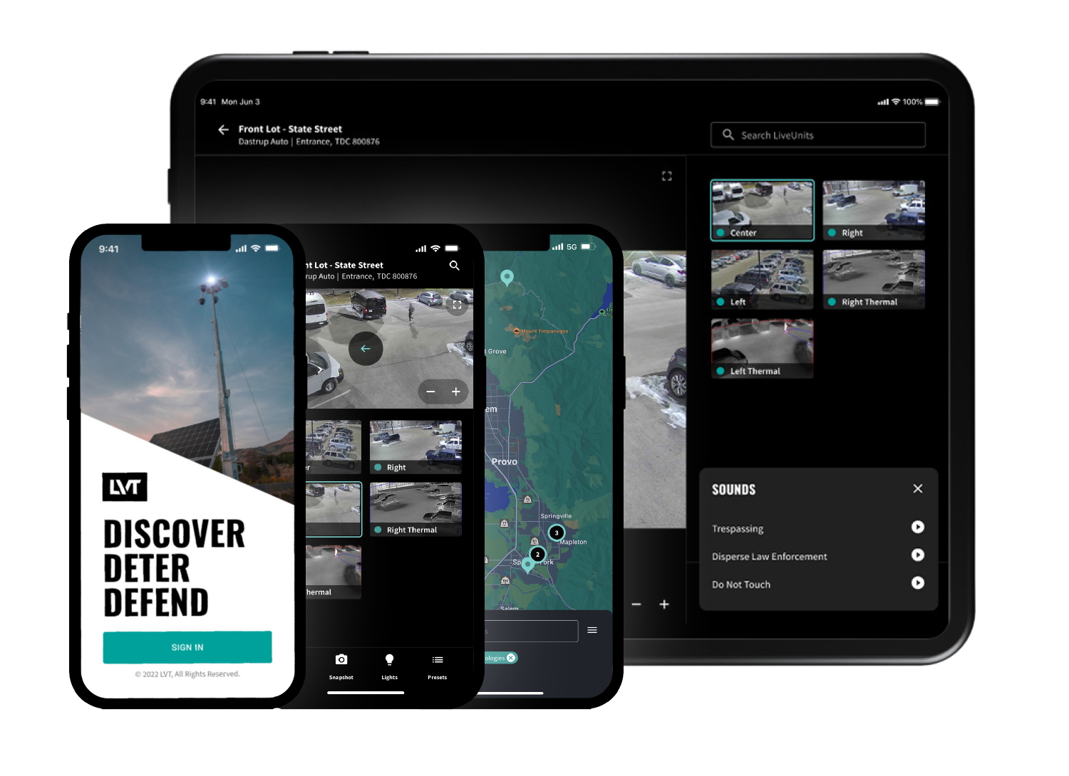 LVT Video Management System — live camera feeds, map view, and remote controls